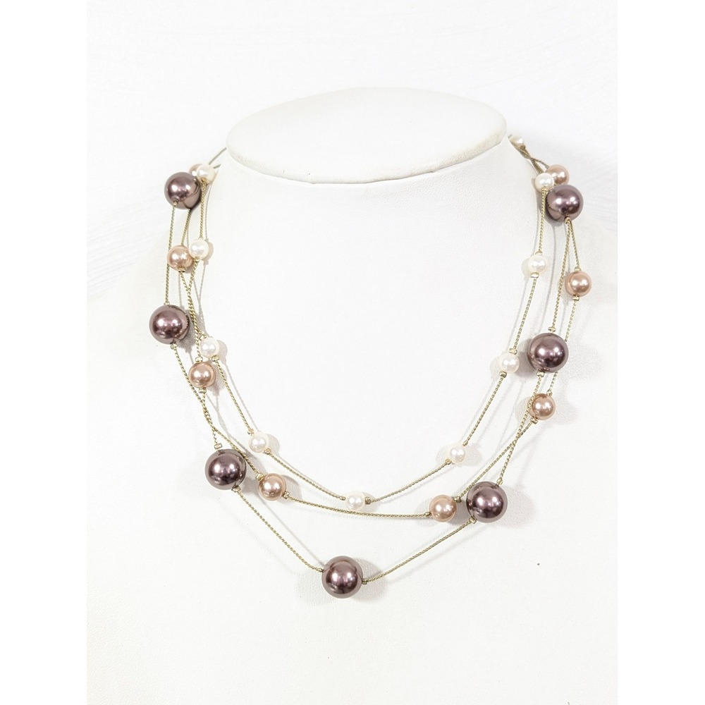 Roman Faux Pearl Station Necklace‎ 19" Gold Tone Gray Beige Pearl Beads